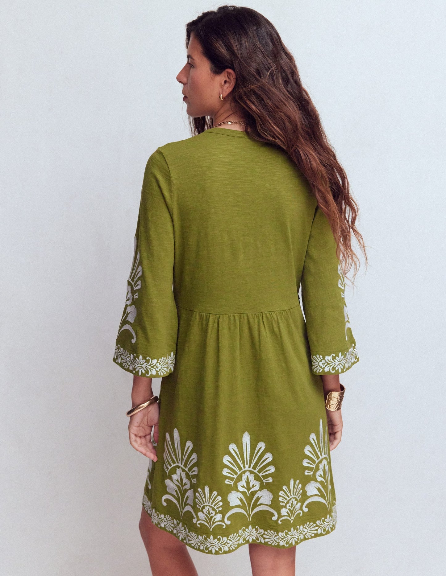 Short Kaftan Jersey Dress-Khaki Embroidered