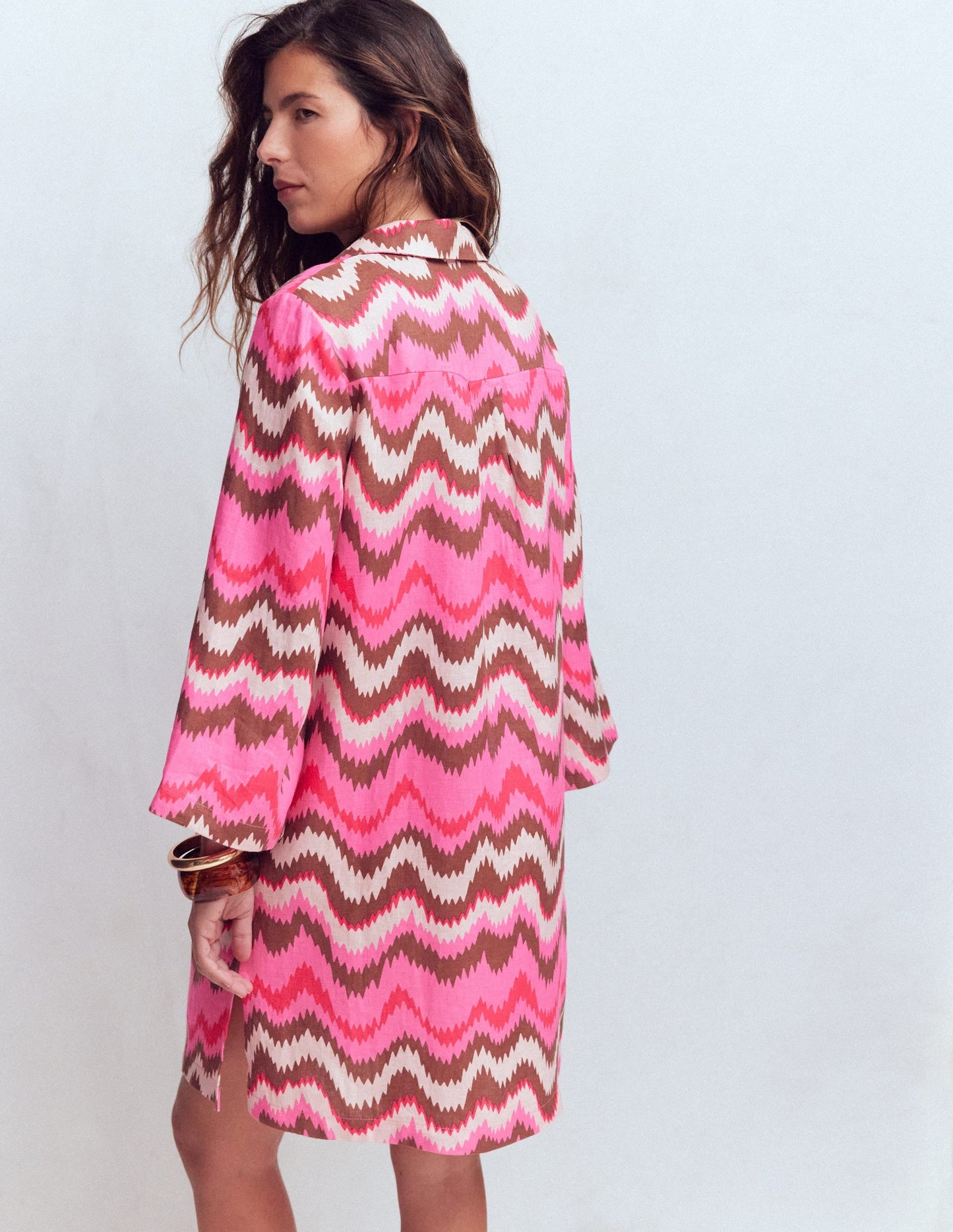 Carmen Linen Short Dress-Pink, Zig Zag Wave