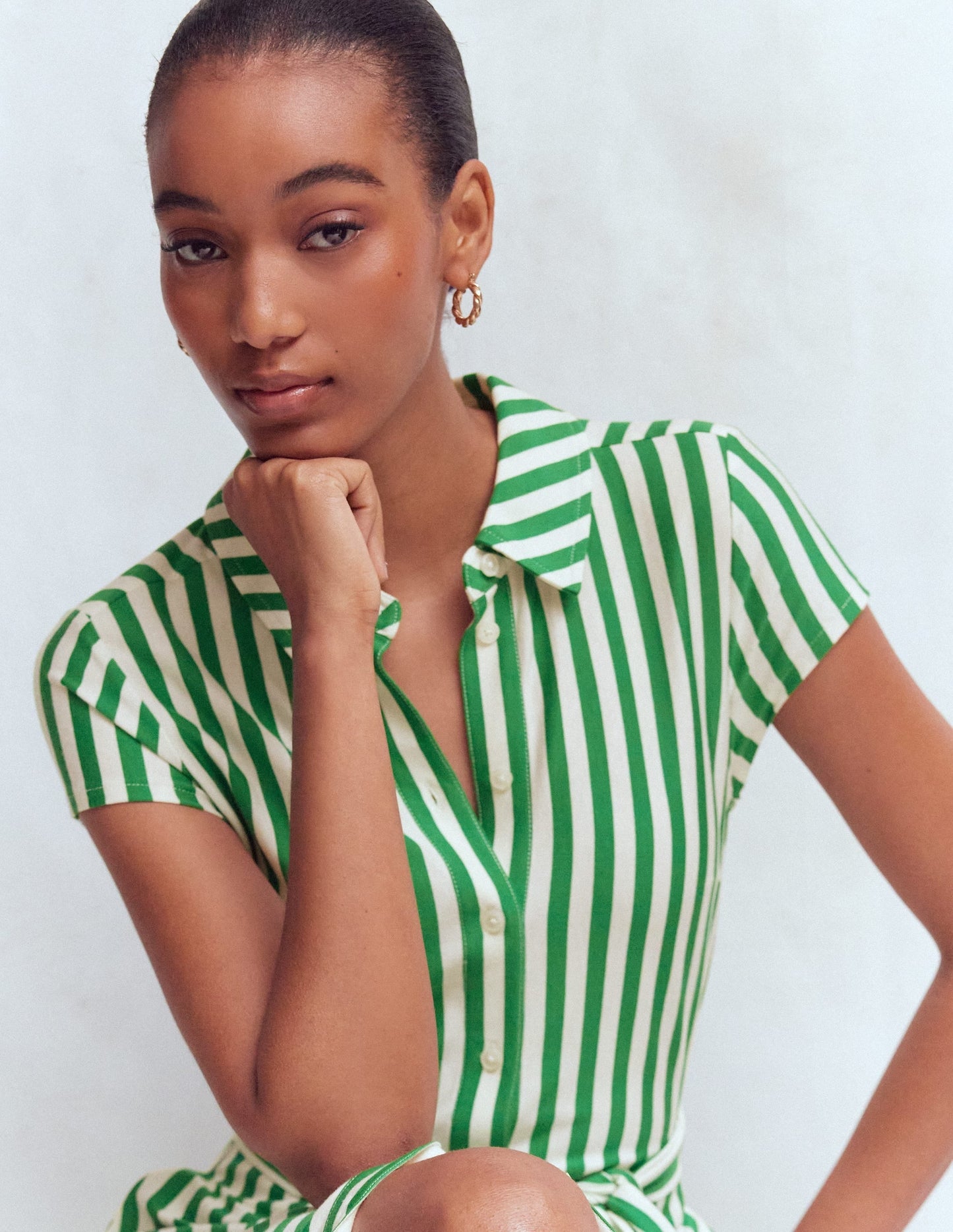 Marcia Jersey Shirt Dress-Green and Ivory Stripe