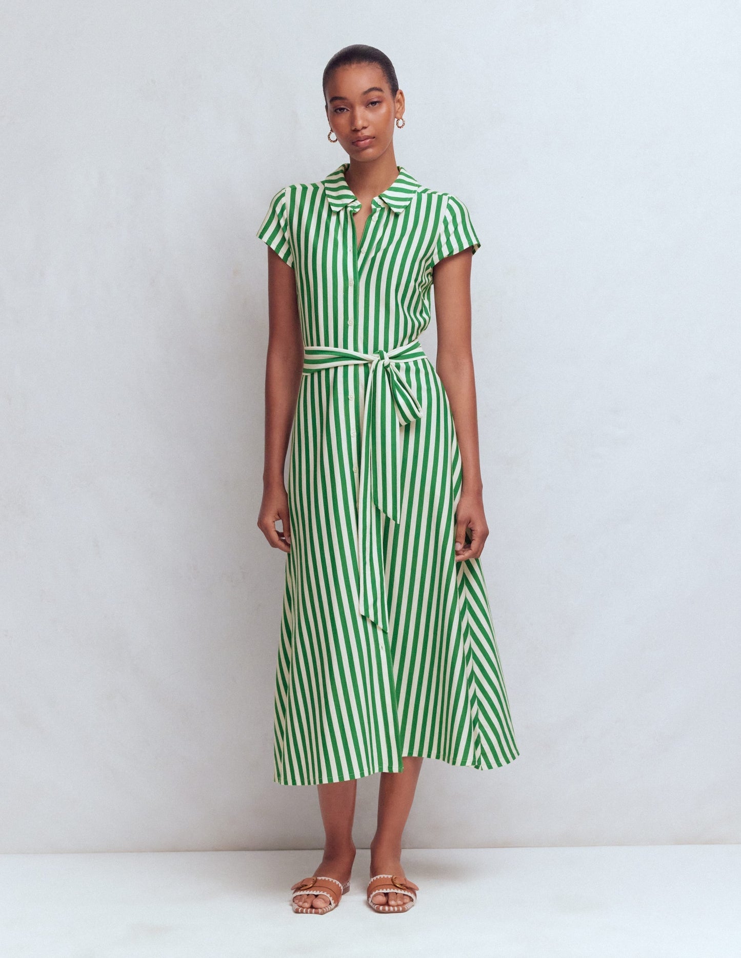 Marcia Jersey Shirt Dress-Green and Ivory Stripe