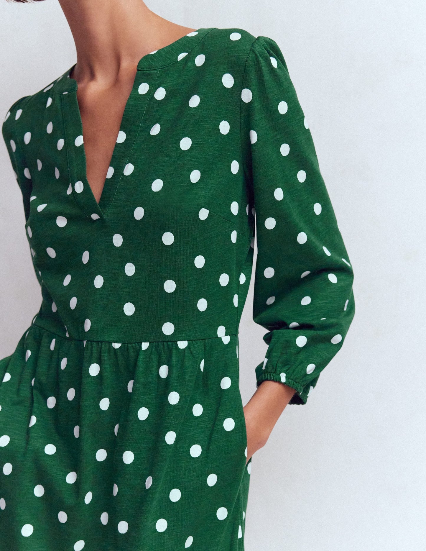 Cathy Notch Neck Jersey Dress-Hunter Green, Painted Dot