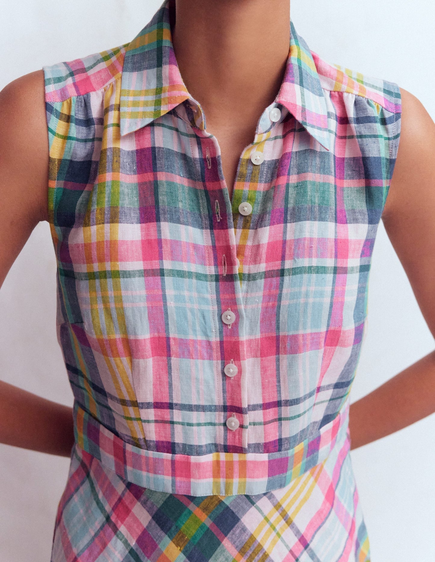 Erma Drop Waist Linen Dress-Blue, Pink and Green Madras