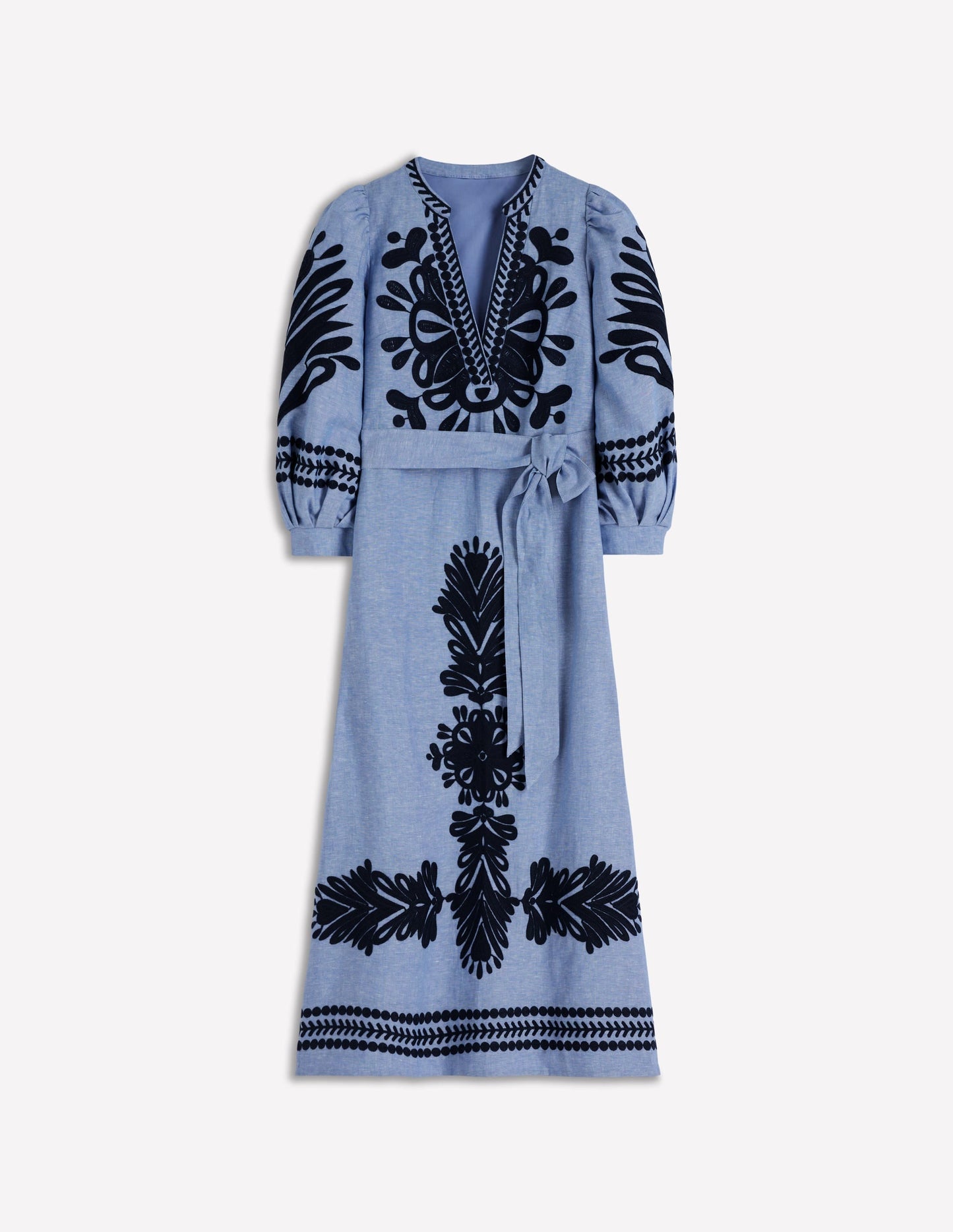 Octavia Linen Blend Dress-Embroidered Chambray