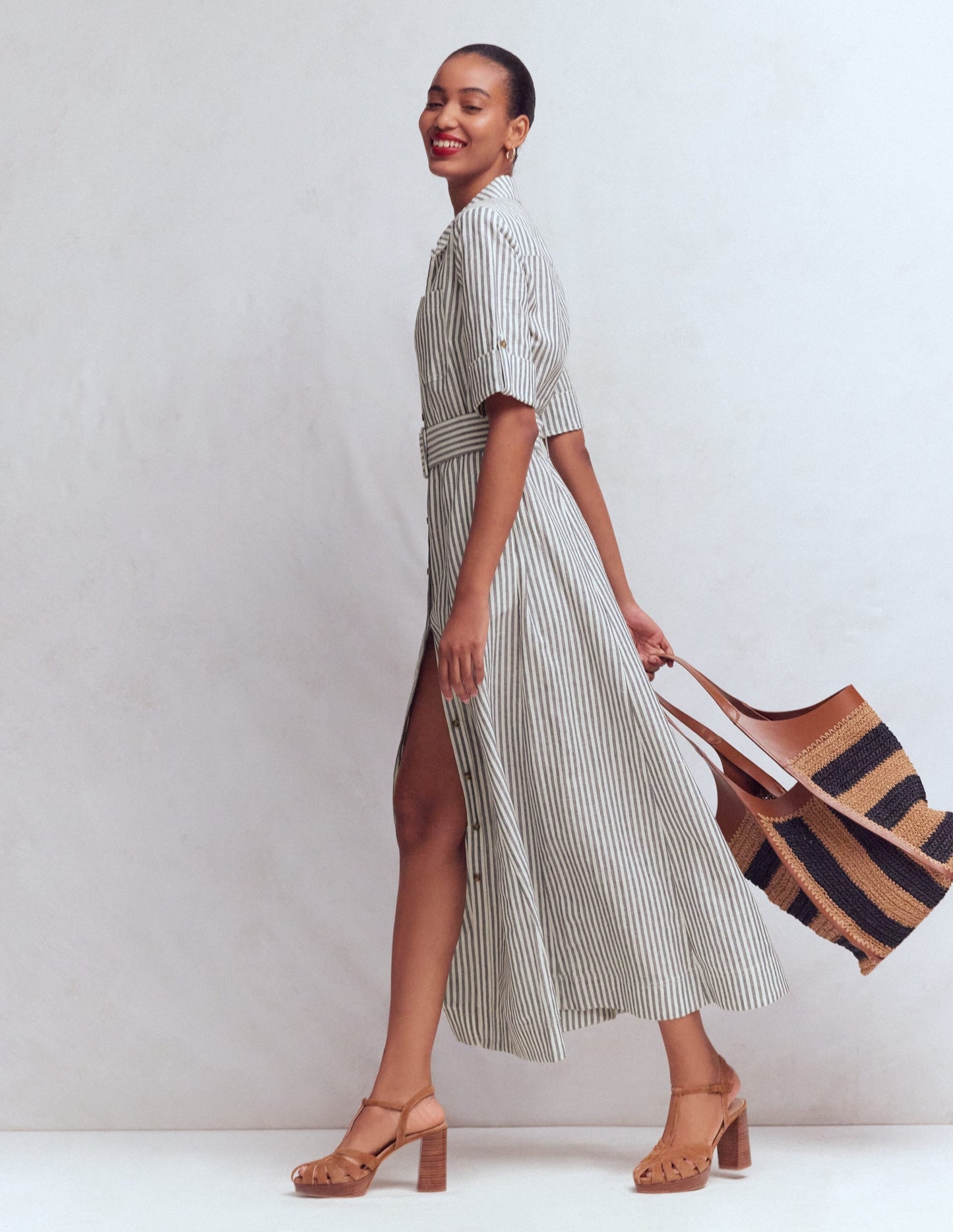 Ora Linen Blend Shirt Dress-Navy Ivory Stripe