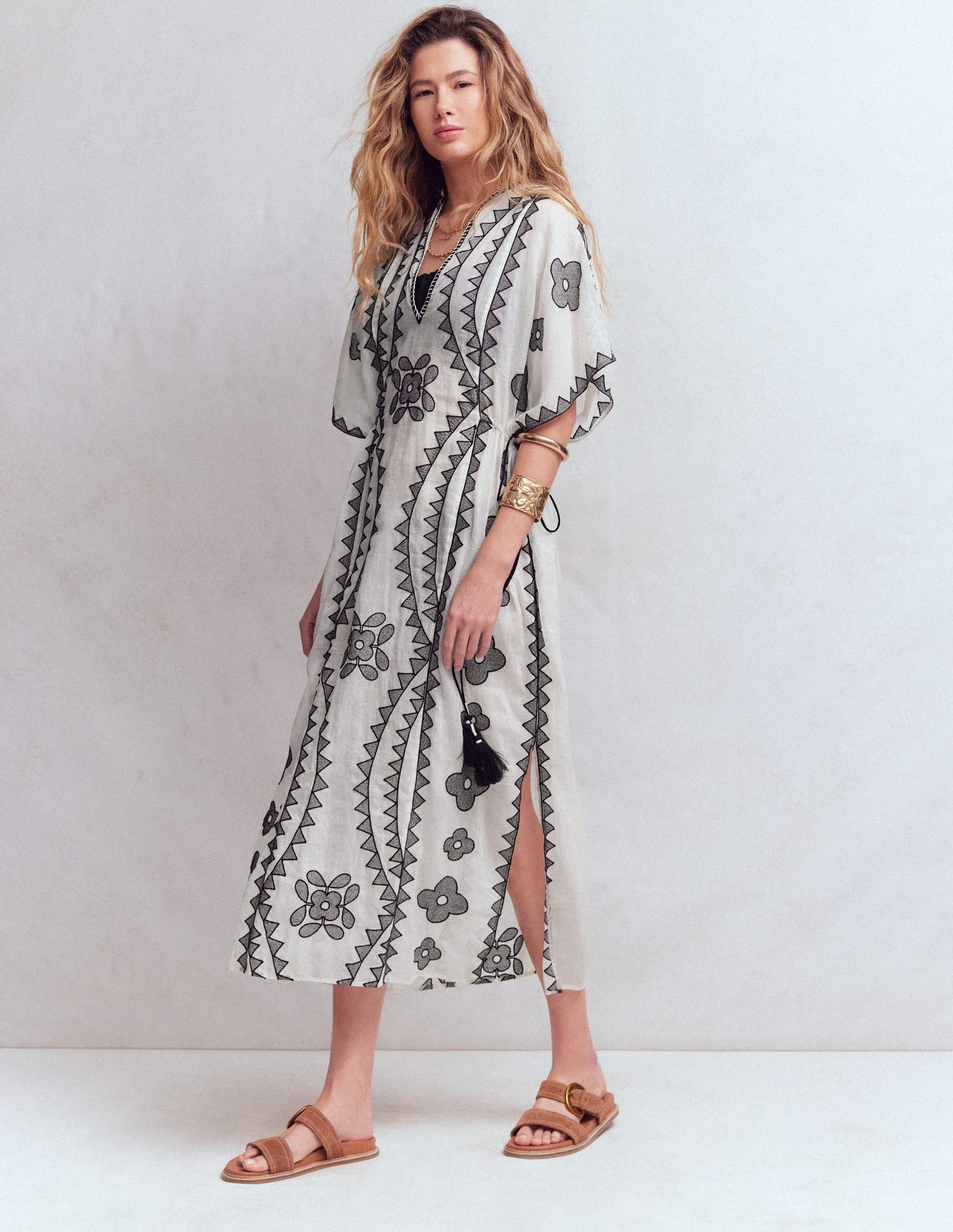 Side Tie Kaftan Dress-White Black Embroidered