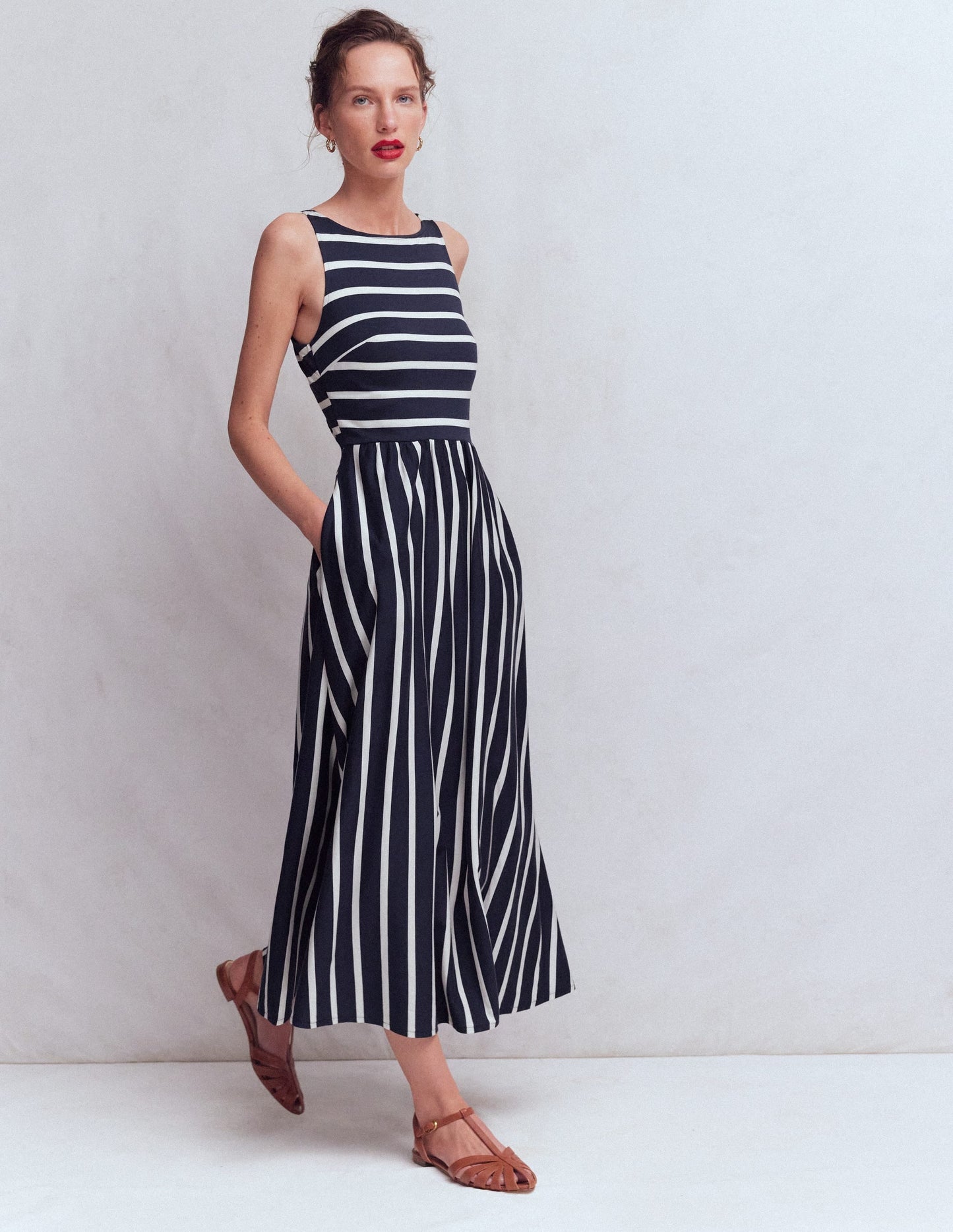 Saoirse Smock Back Dress-Navy, Ivory Stripe