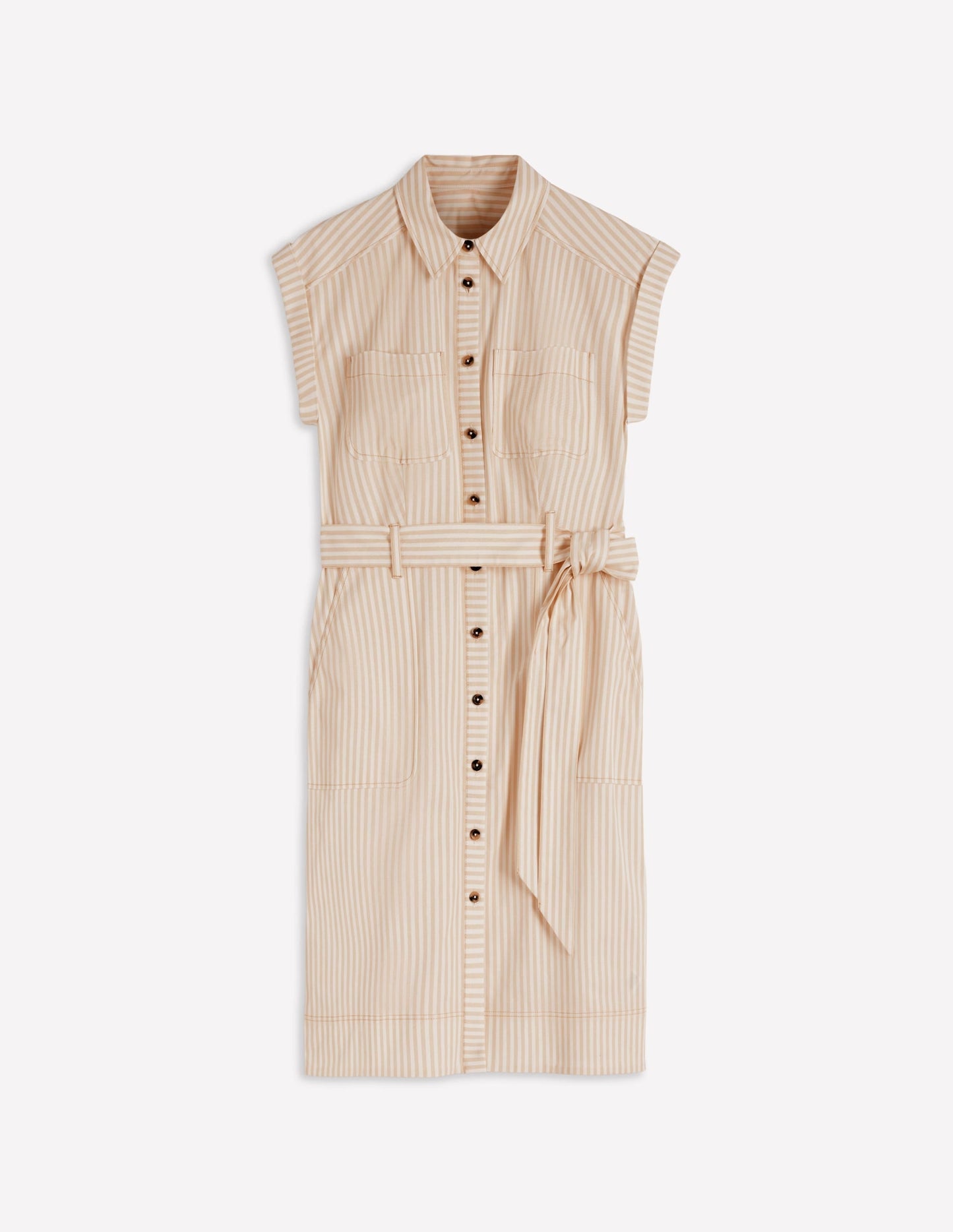 Short Belted Shirt Dress-Brown, Ivory Ticking Stripe