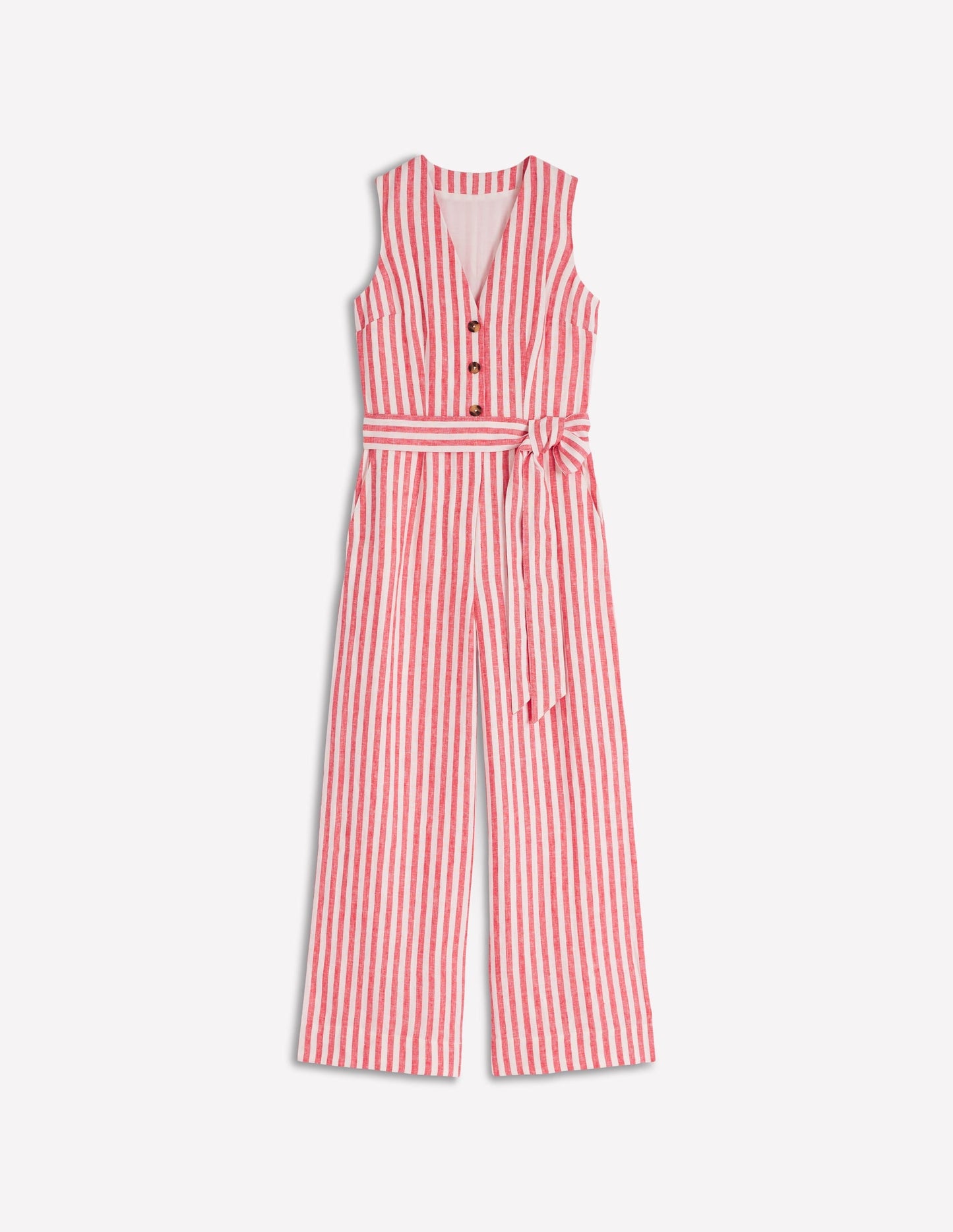 Laura V-neck Linen Jumpsuit-Red, Ivory Stripe