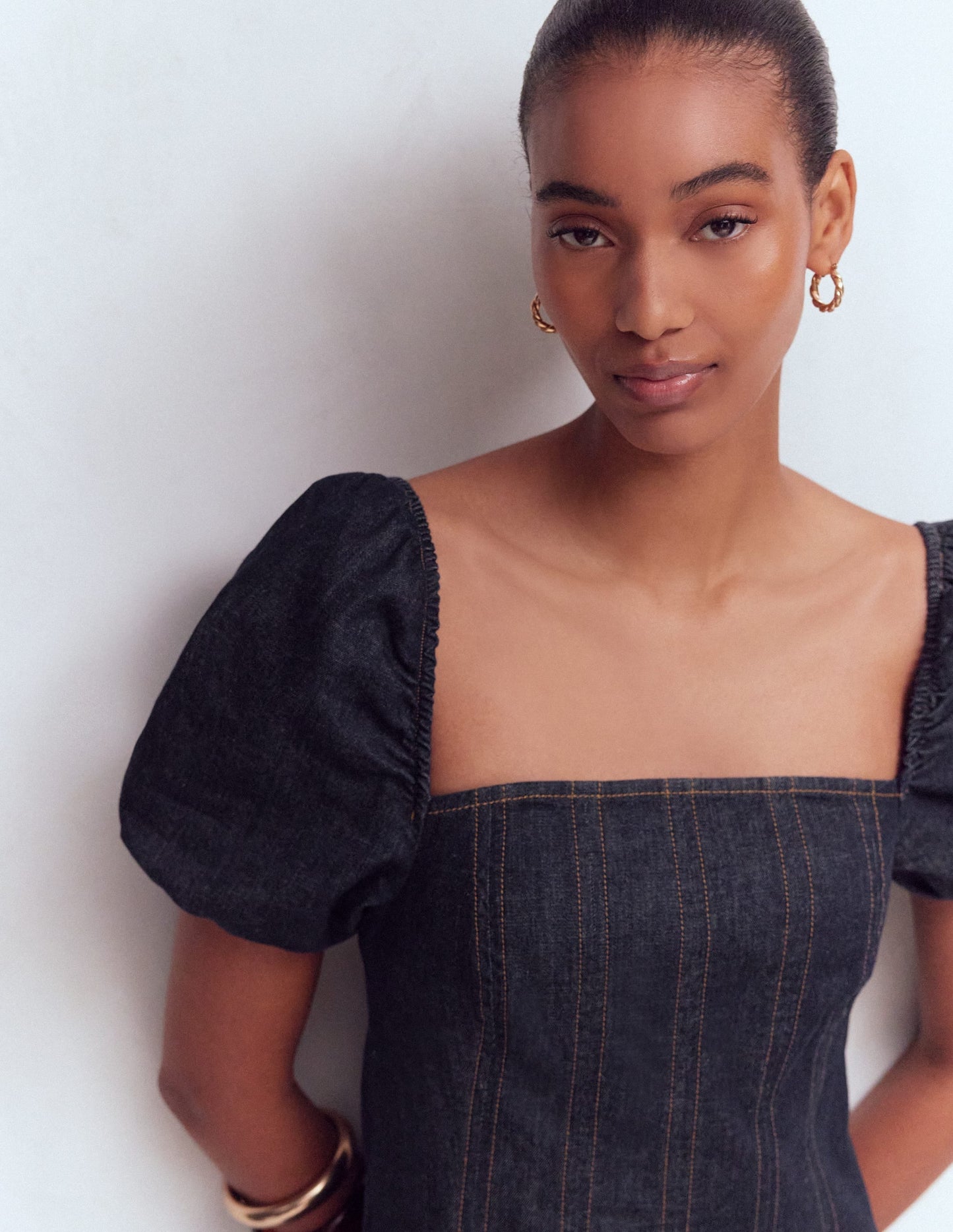 Puff Sleeve Denim Dress-Indigo
