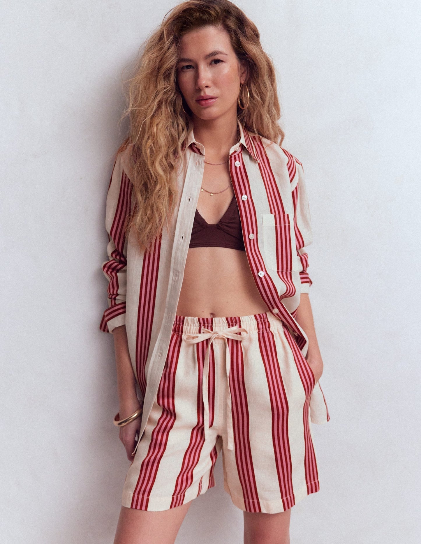 Sadie Relaxed Linen Shirt-Ivory, Brown, Pink Stripe
