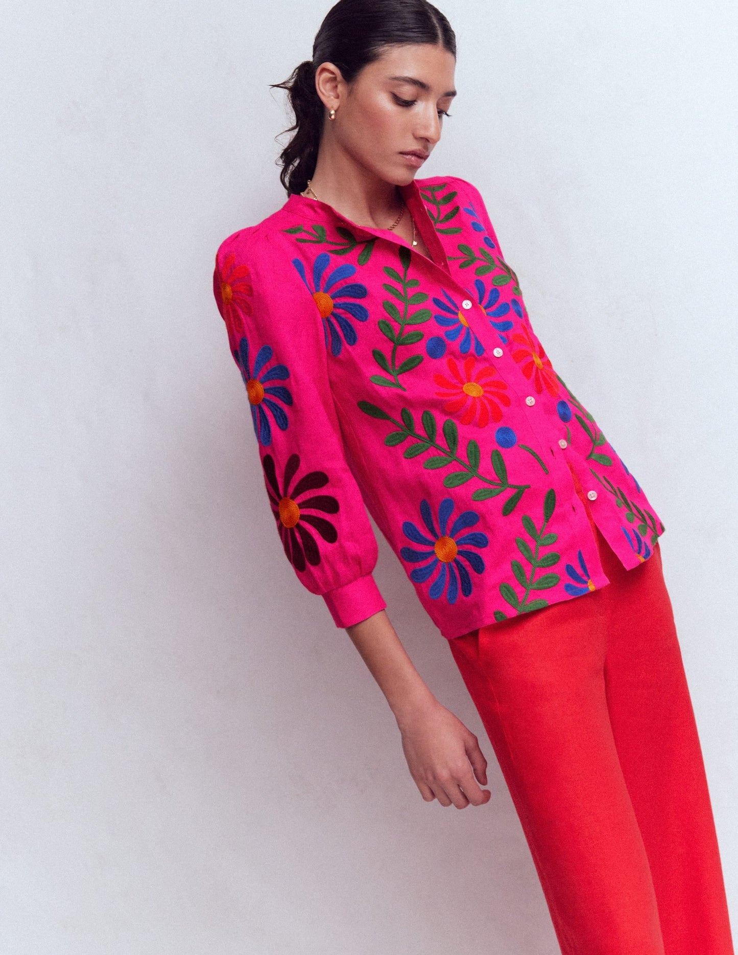 Alicia Linen Top-Pink Peony, Flower Embroidery