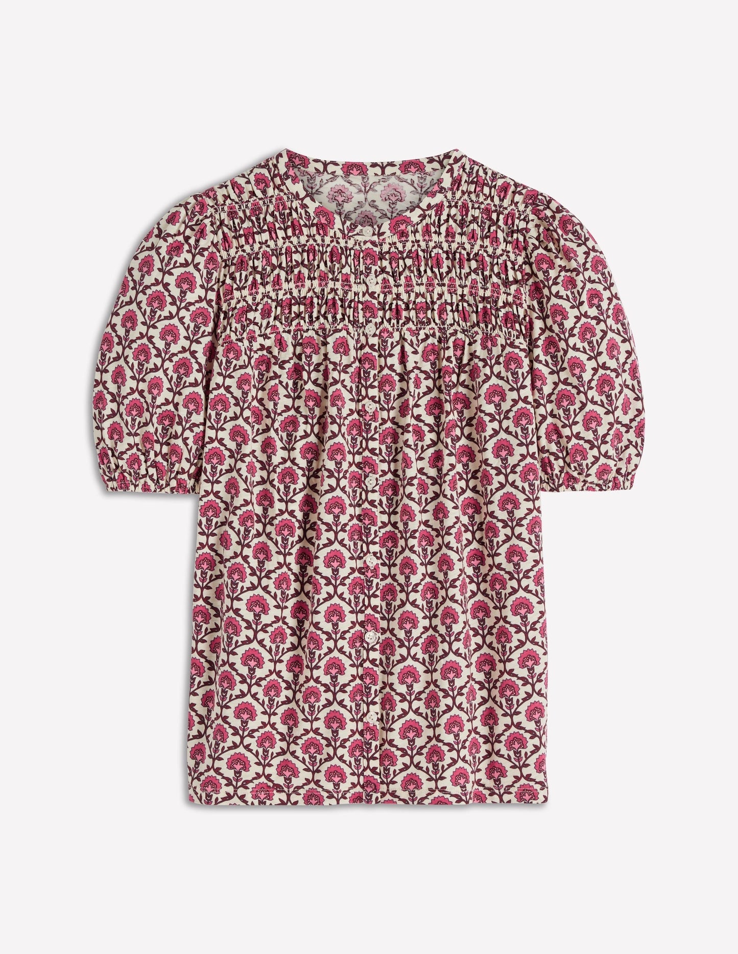Mya Short Sleeve Smocked Shirt-Strawberry Pink,Flower Lattice