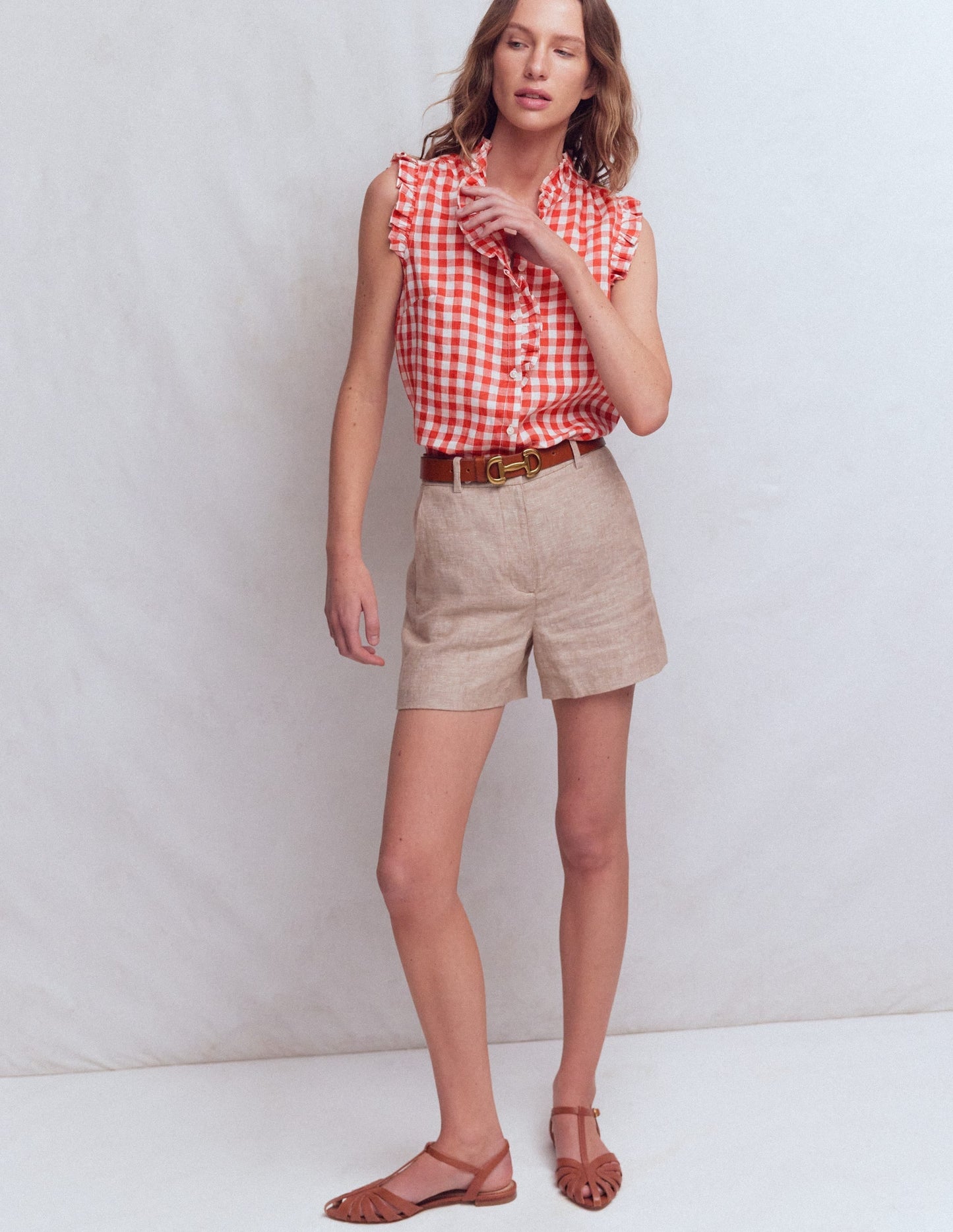 Isabel Sleeveless Linen Top-Burnt Red Gingham