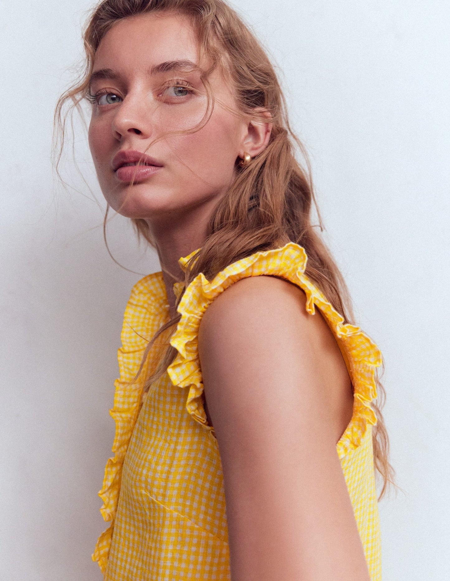 Isabel Sleeveless Linen Top-French Marigold Micro Gingham