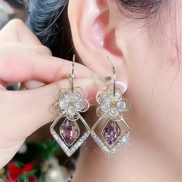 💖 Best Gift🌹Flower Zircon Rhombic Sapphire Drop Earrings