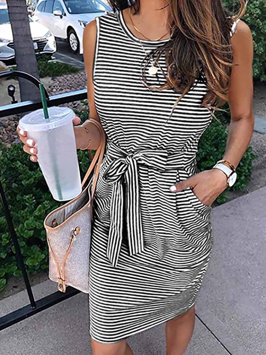 Stunncal Sleeveless striped lace-up dress (7 colors)