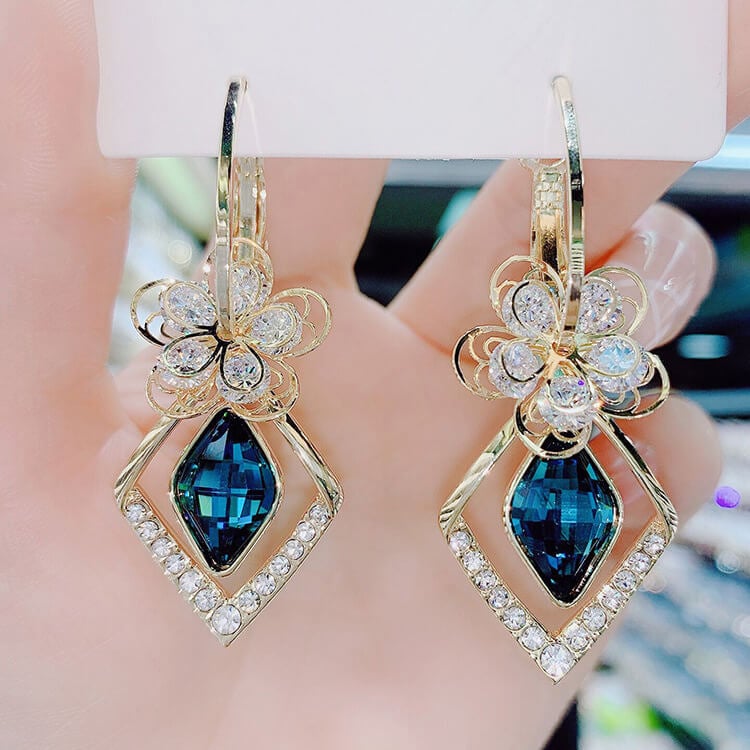 💖 Best Gift🌹Flower Zircon Rhombic Sapphire Drop Earrings