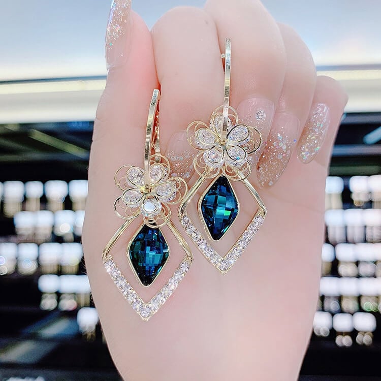 💖 Best Gift🌹Flower Zircon Rhombic Sapphire Drop Earrings