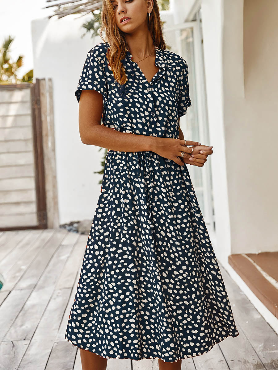 Stunncal Polka Dot Short-Sleeve Dress(7 colors)