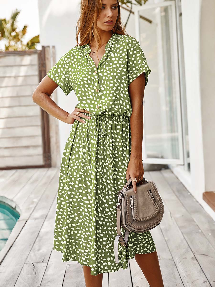Stunncal Polka Dot Short-Sleeve Dress(7 colors)