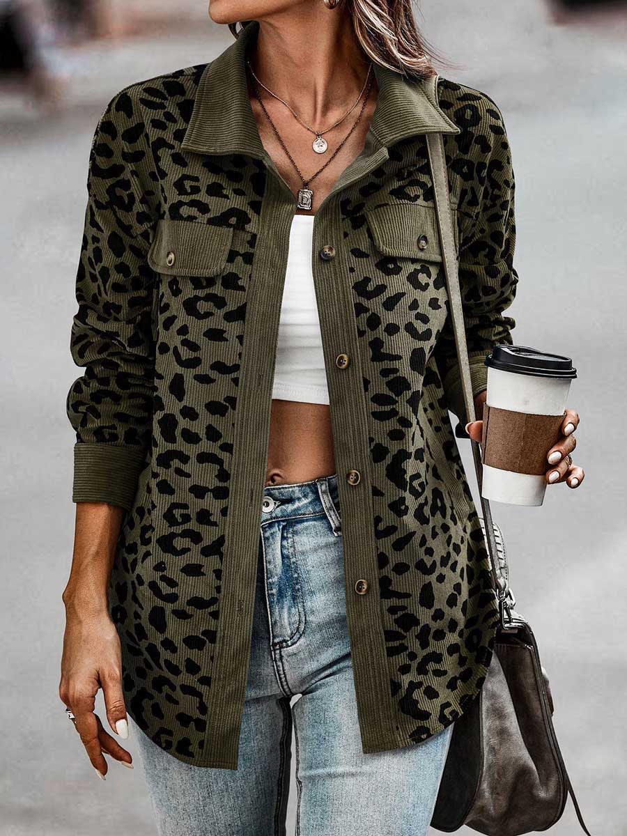 Stunncal Corduroy Leopard Pocket Button Long Sleeve Women's Jacket