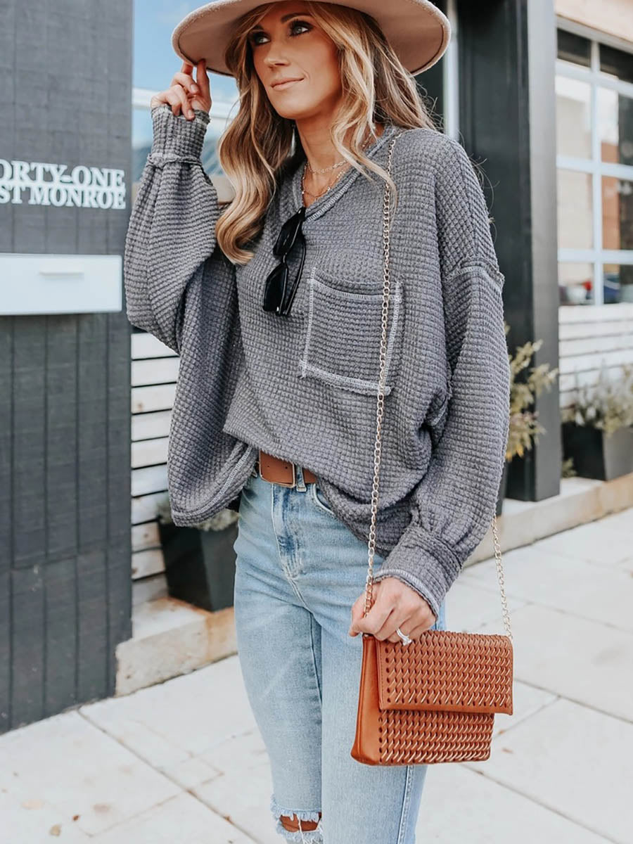 Stunncal Waffle Drop Sleeve Loose Casual Top£¨6 colors£©