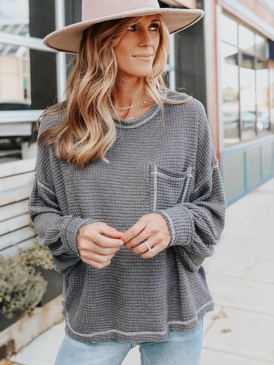 Stunncal Waffle Drop Sleeve Loose Casual Top£¨6 colors£©