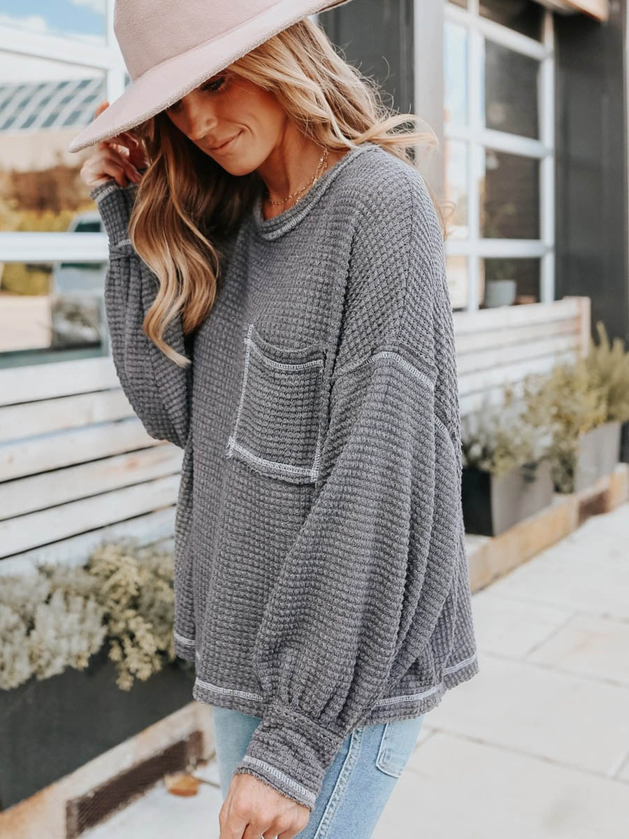Stunncal Waffle Drop Sleeve Loose Casual Top£¨6 colors£©