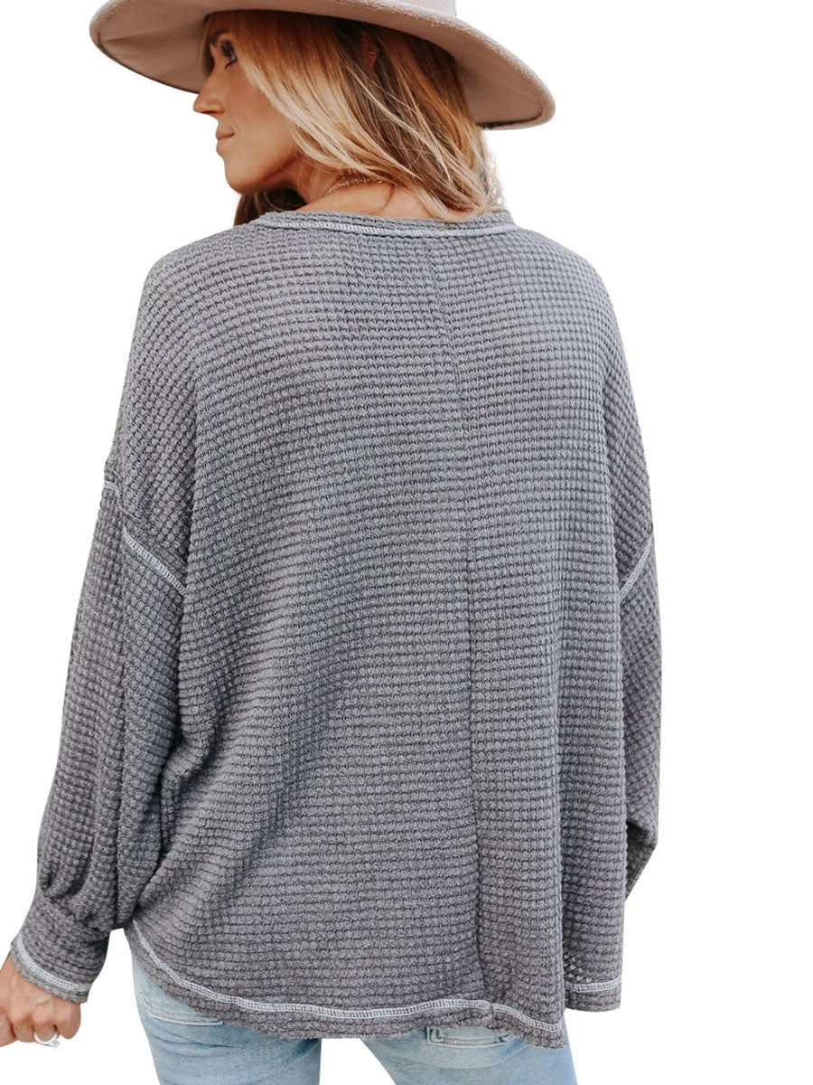 Stunncal Waffle Drop Sleeve Loose Casual Top£¨6 colors£©