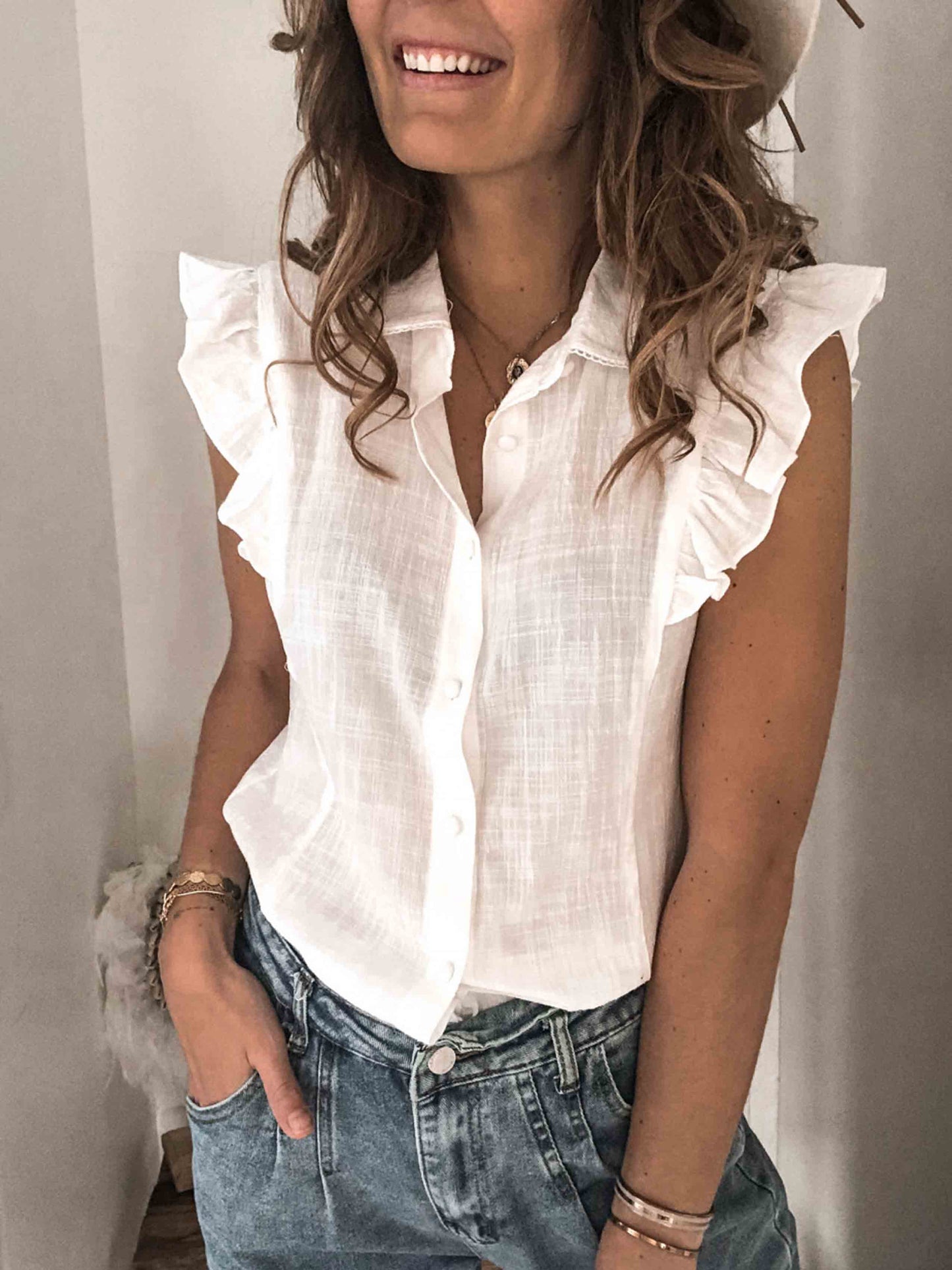 Stunncal Lapel Button Ruffled Shirt