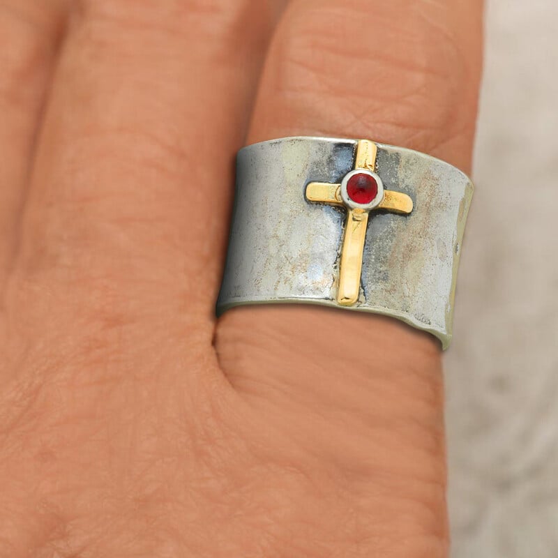 Garnet Golden Cross Ring  ''LET GO & LET GOD''🥰
