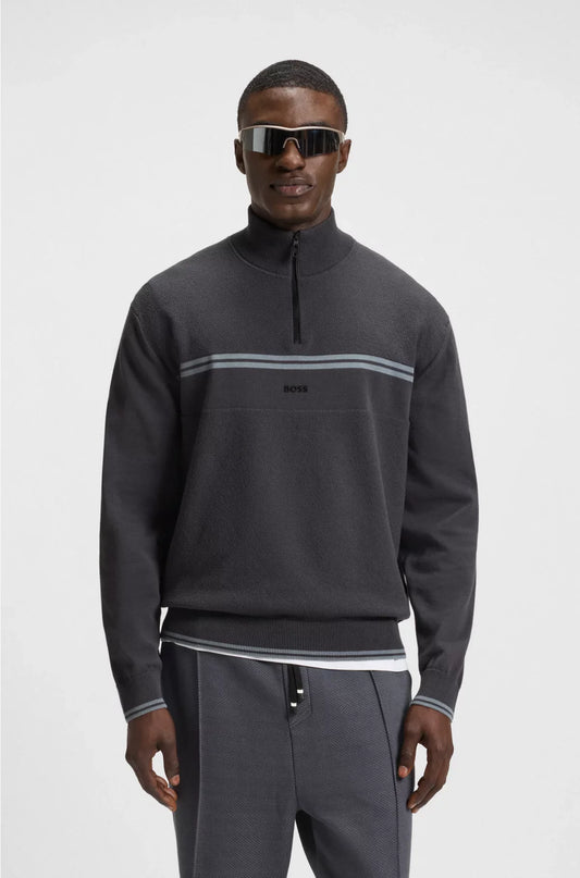 ZIP-NECK COTTON-BLEND SWEATER WITH STRIPE DETAILS