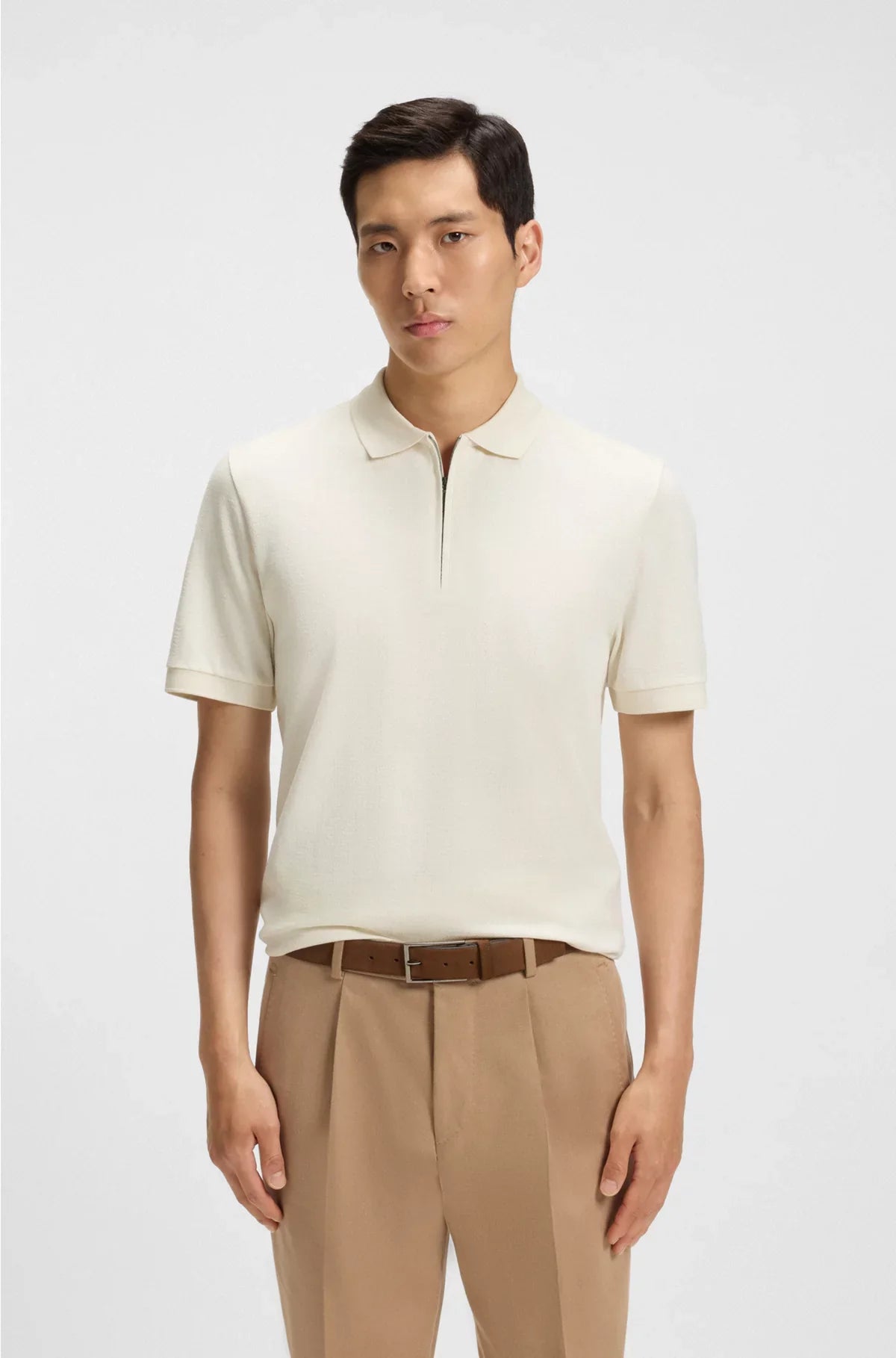 ZIP-NECK POLO SHIRT IN MERCERISED COTTON-SILK JACQUARD