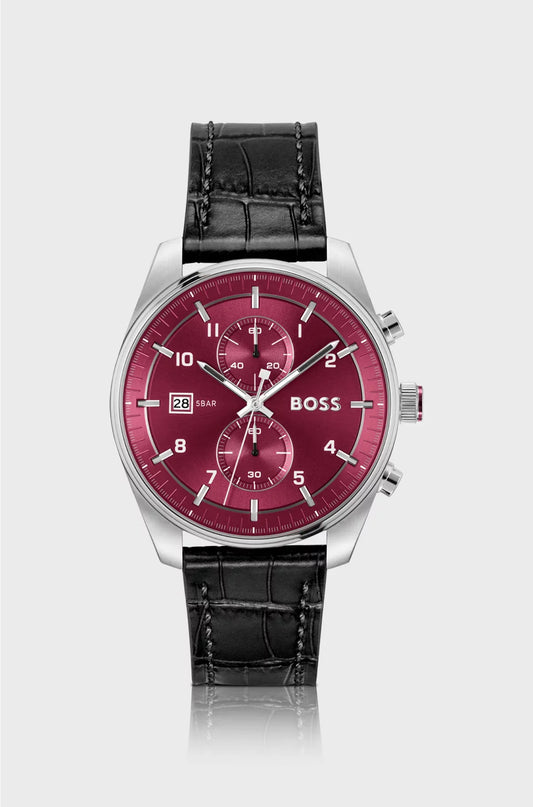 SILVER-TONE CHRONOGRAPH WATCH WITH ALLIGATOR-EMBOSSED LEATHER STRAP