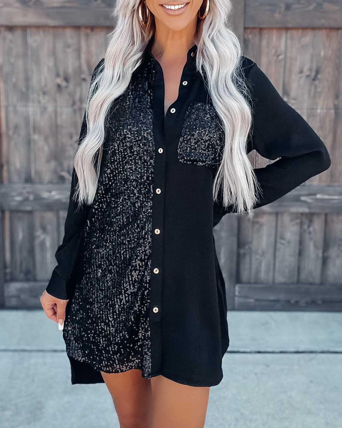 Stunncal Satin Sequin Button Down Shirt Dress