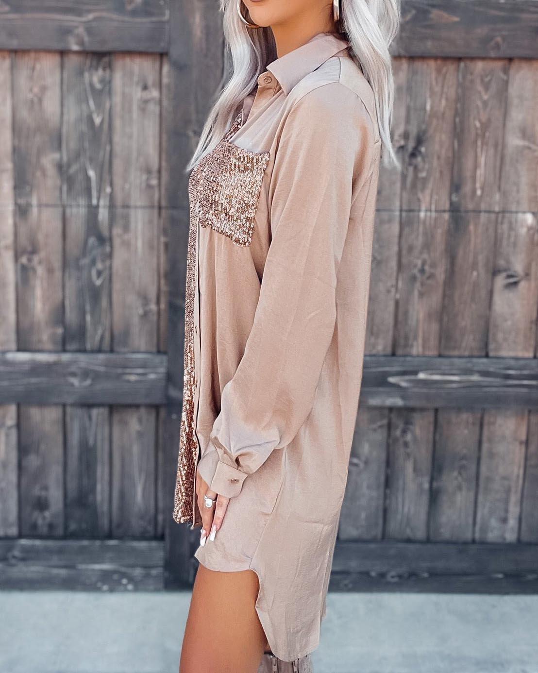 Stunncal Satin Sequin Button Down Shirt Dress