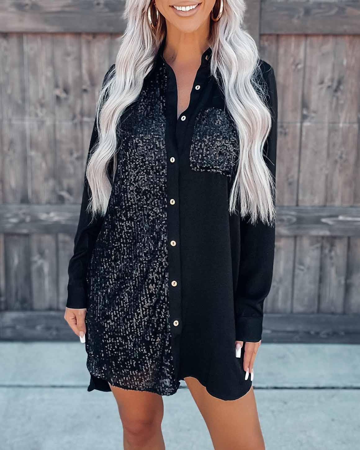 Stunncal Satin Sequin Button Down Shirt Dress
