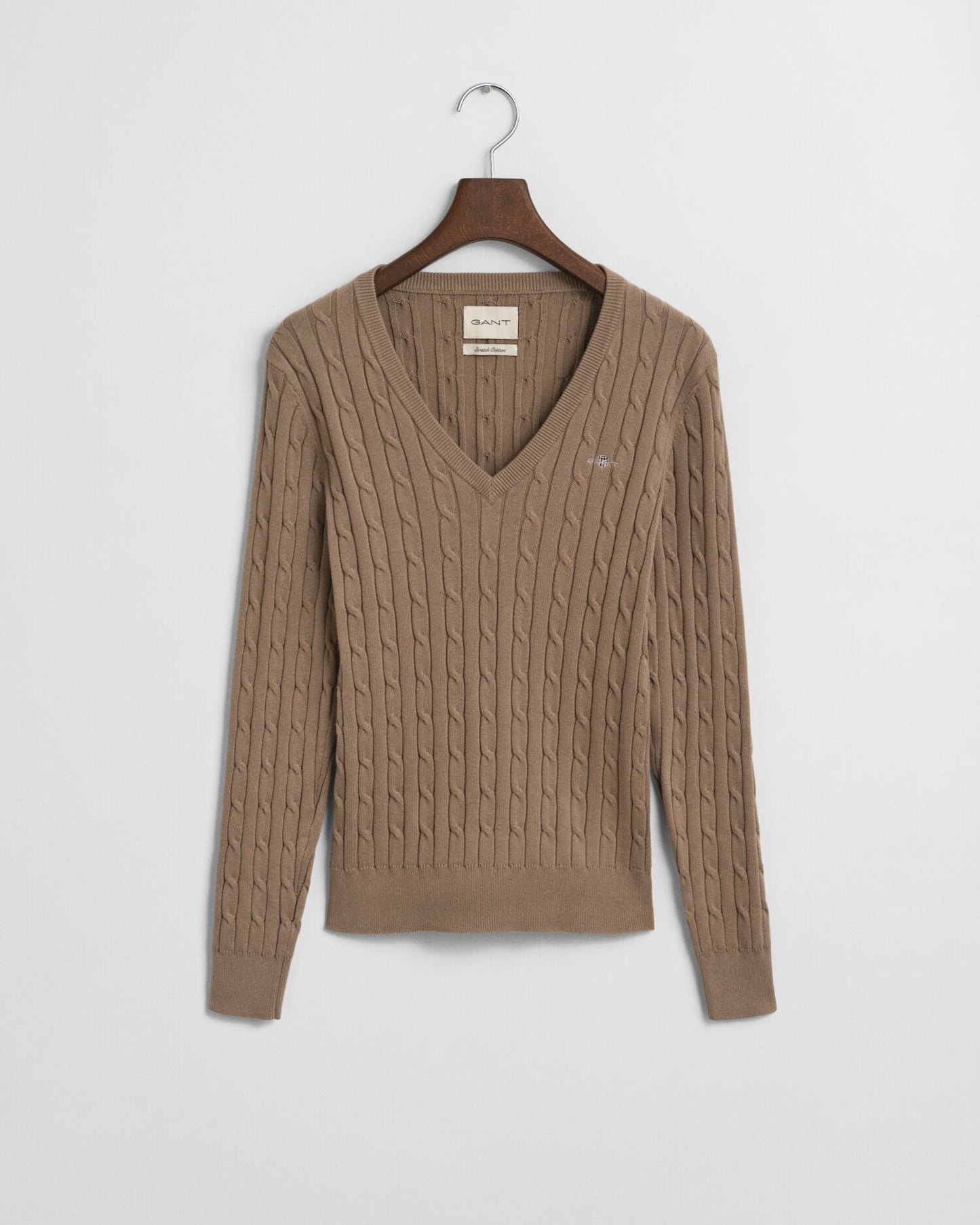 Stretch Cotton Cable Knit V-Neck Sweater