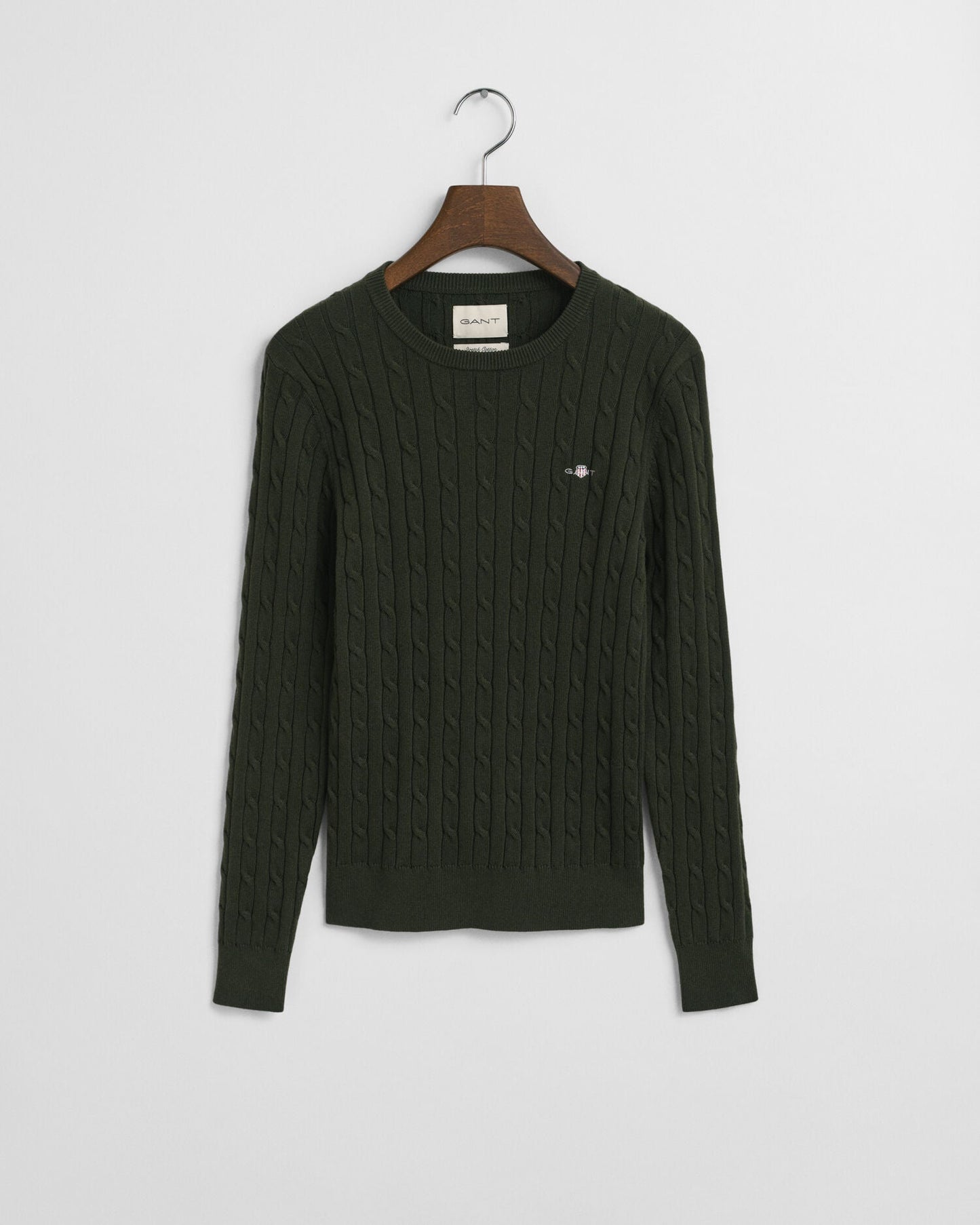 Stretch Cotton Cable Knit Crew Neck Sweater
