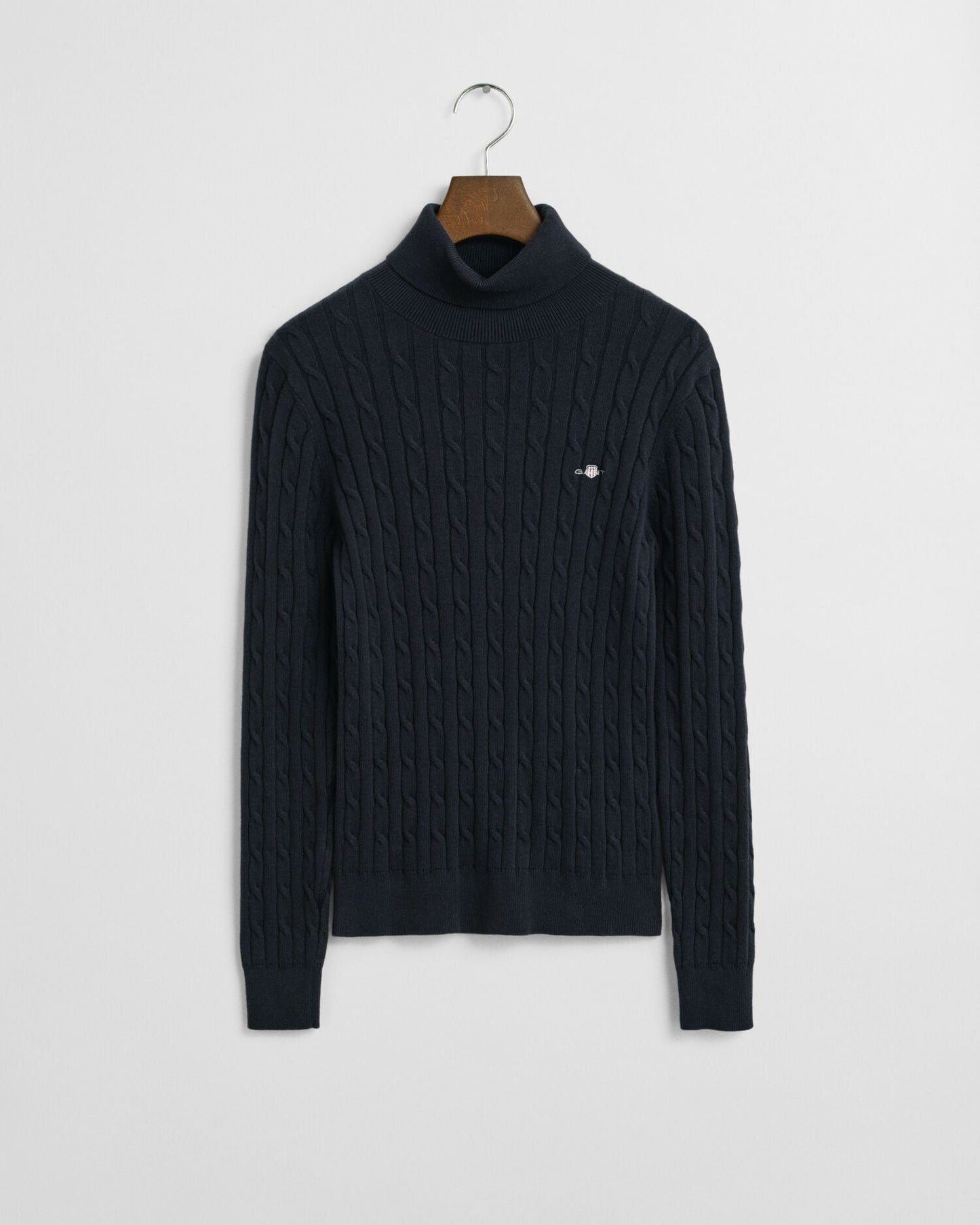 Stretch Cotton Cable Knit Turtleneck Sweater
