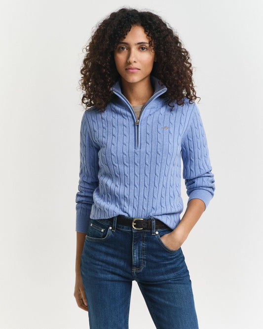 Stretch Cotton Cable Knit Half-Zip Sweater
