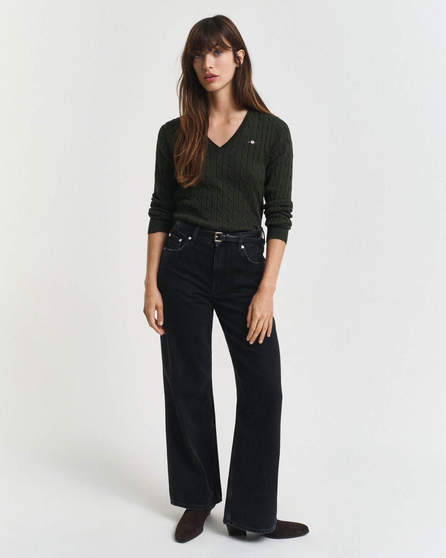 Stretch Cotton Cable Knit V-Neck Sweater