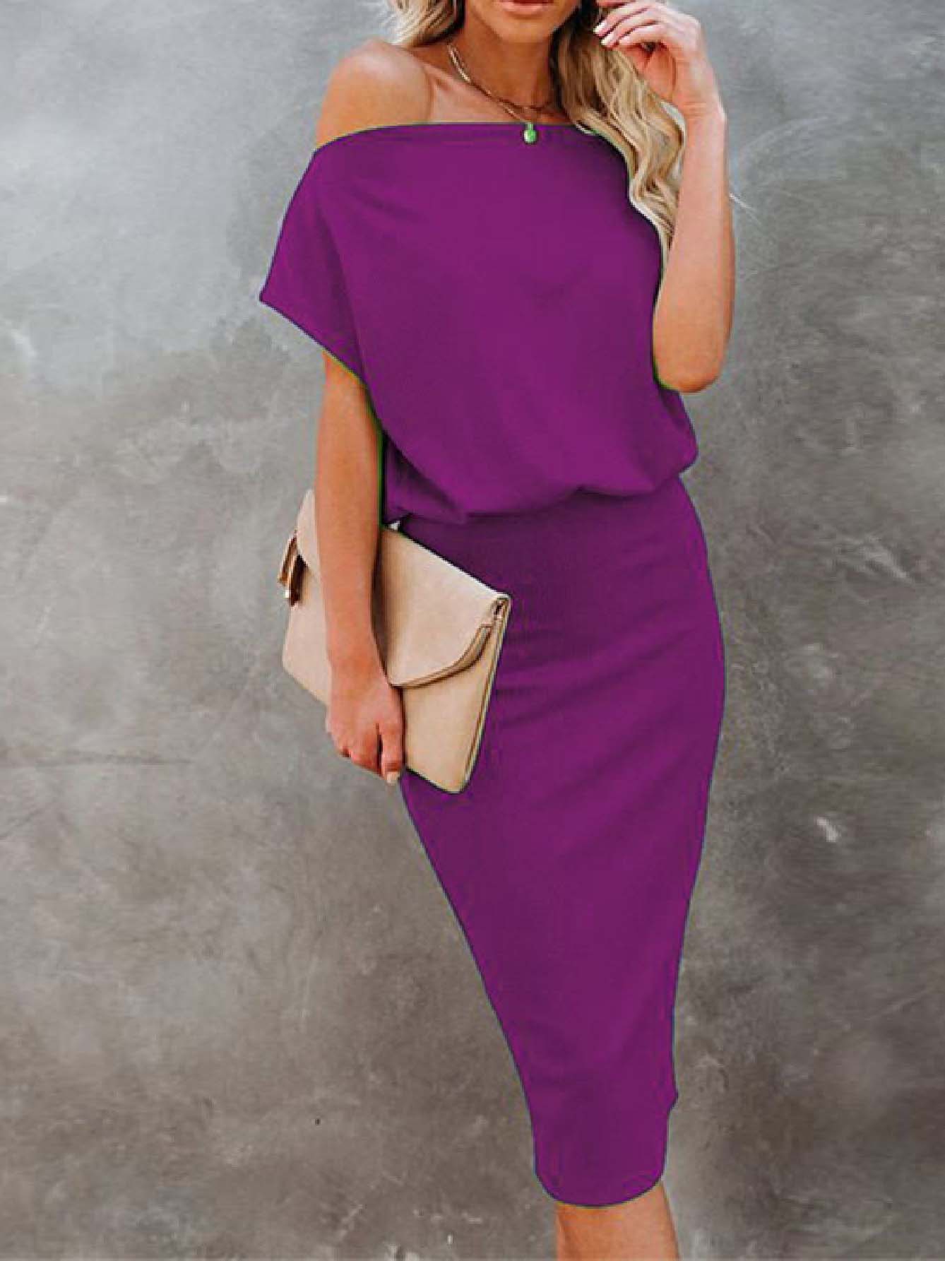 Stunncal Cold Shoulder Plain Half Sleeve Pencil Dress(8 Colors£©