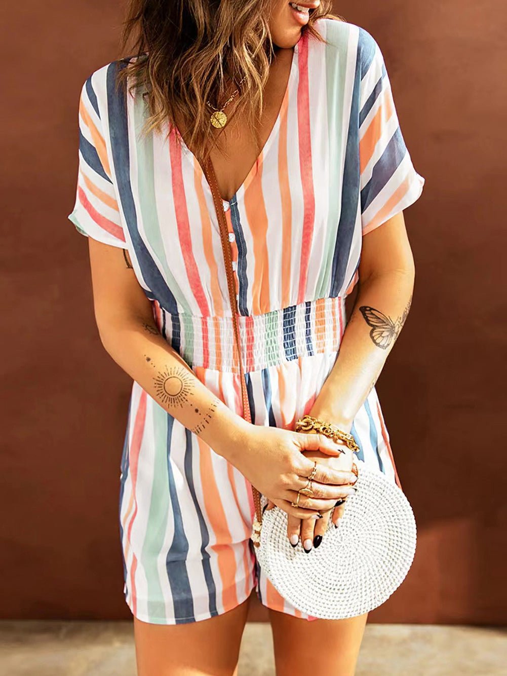 Stunncal Elastic Waist Striped Print V-Neck Jumpsuit