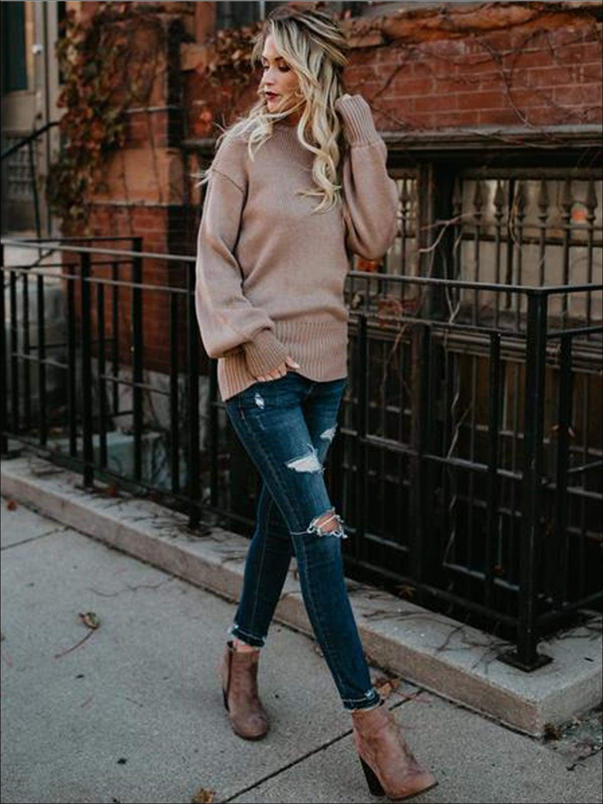 Stunncal Knitted Oversized Sexy Bow Tie  Back Lantern Sleeve Sweater